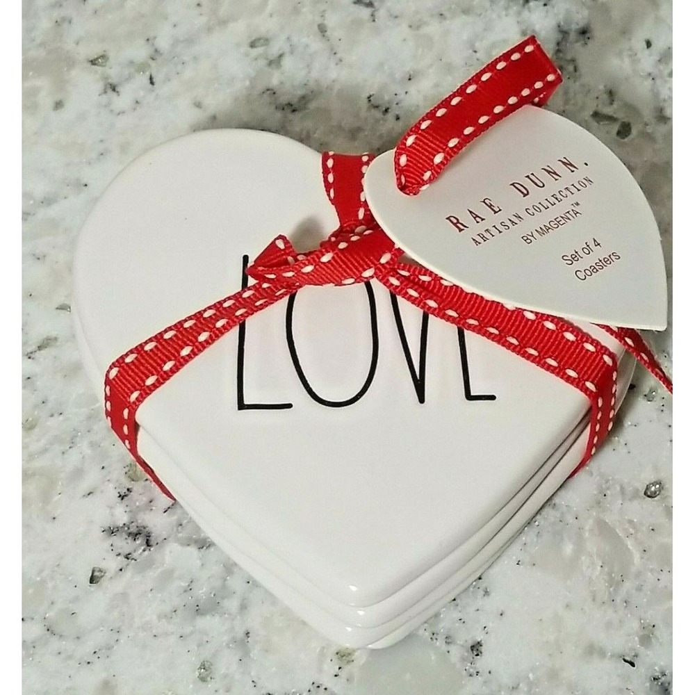 Rae Dunn "Love" Heart Shaped‎ 4 Piece Ceramic Coaster Set NEW By Magenta
